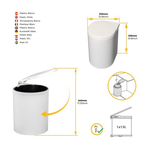 Emuca Pattumiera per differenziata fissaggio all’anta, contenitore da 13L, Plastica bianca, Tecnoplastica