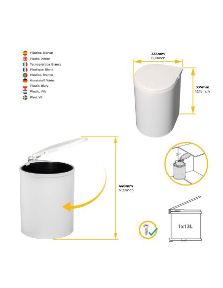 Emuca Pattumiera per differenziata fissaggio all’anta, contenitore da 13L, Plastica bianca, Tecnoplastica