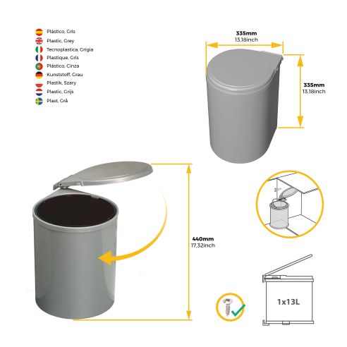 Emuca Pattumiera per differenziata fissaggio all’anta, contenitore da 13L, Plastica grigia, Tecnoplastica
