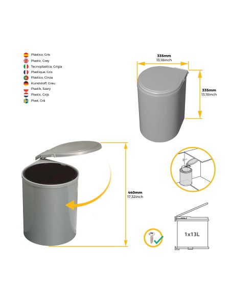 Emuca Pattumiera per differenziata fissaggio all’anta, contenitore da 13L, Plastica grigia, Tecnoplastica