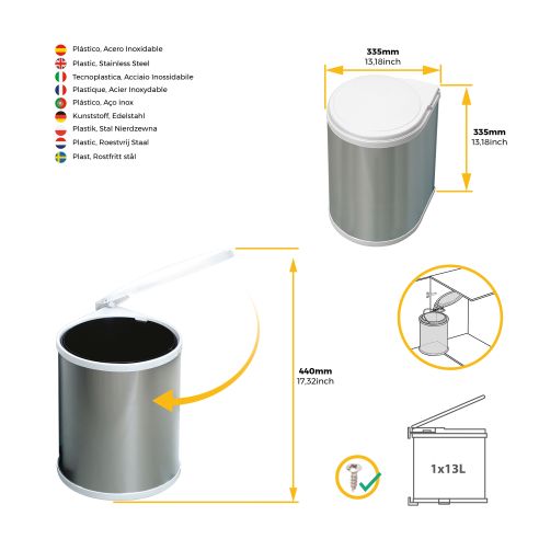Emuca Pattumiera per differenziata fissaggio all’anta, contenitore da 13L, Acciaio inossidabile