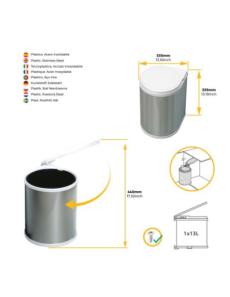 Emuca Pattumiera per differenziata fissaggio all’anta, contenitore da 13L, Acciaio inossidabile