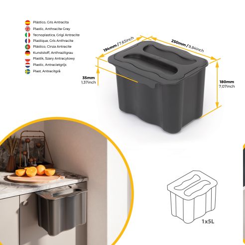 Emuca Recycle contenitore per la raccolta differenziata e per l'appendiabiti Recycle, 1 contenitore da 5 lt, con coperchio