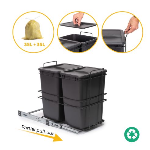 Emuca Contenitore per la raccolta differenziata Recycle da montare sul fondo e da estrarre manualmente in cucina Recycle 2x35lt
