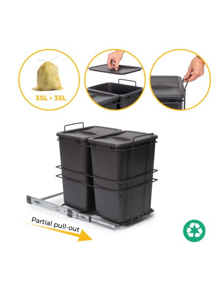 Emuca Contenitore per la raccolta differenziata Recycle da montare sul fondo e da estrarre manualmente in cucina Recycle 2x35lt