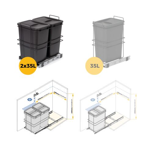 Emuca Contenitore per la raccolta differenziata Recycle da montare sul fondo e da estrarre manualmente in cucina Recycle 2x35lt