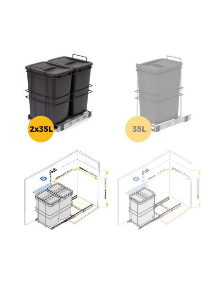 Emuca Contenitore per la raccolta differenziata Recycle da montare sul fondo e da estrarre manualmente in cucina Recycle 2x35lt