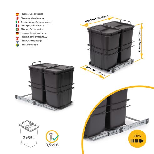 Emuca Contenitore per la raccolta differenziata Recycle da montare sul fondo e da estrarre manualmente in cucina Recycle 2x35lt