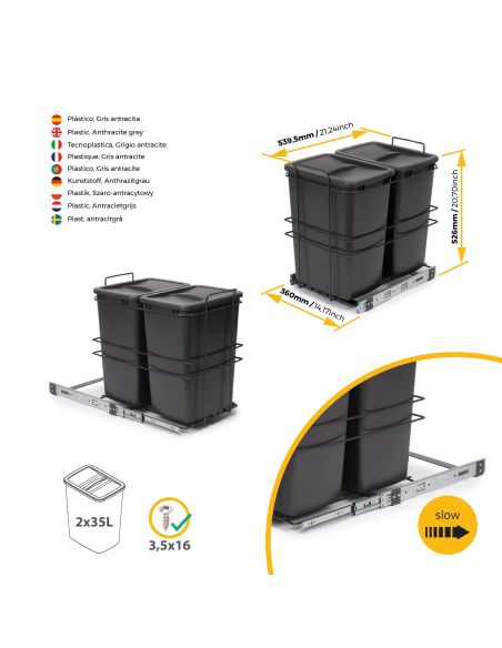 Emuca Contenitore per la raccolta differenziata Recycle da montare sul fondo e da estrarre manualmente in cucina Recycle 2x35lt