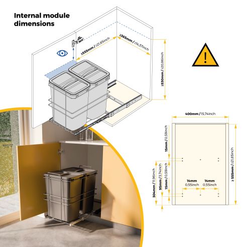 Emuca Contenitore per la raccolta differenziata Recycle da montare sul fondo e da estrarre manualmente in cucina Recycle 2x35lt