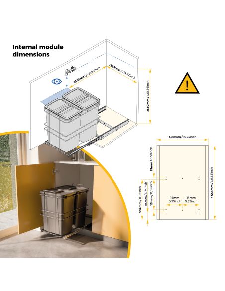 Emuca Contenitore per la raccolta differenziata Recycle da montare sul fondo e da estrarre manualmente in cucina Recycle 2x35lt