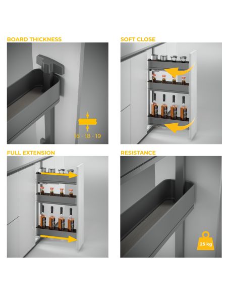 Emuca Portabottiglie laterale estraibile Harmony con chiusura soft, Modulo larghezza 150mm altezza 800mm, Grigio Antracite