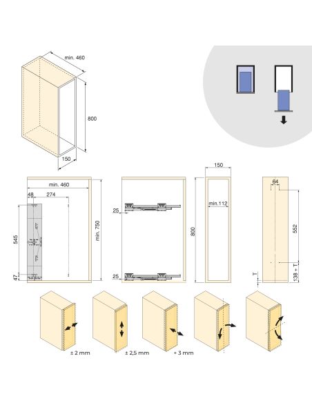 Emuca Portabottiglie laterale estraibile Harmony con chiusura soft, Modulo larghezza 150mm altezza 800mm, Grigio Antracite