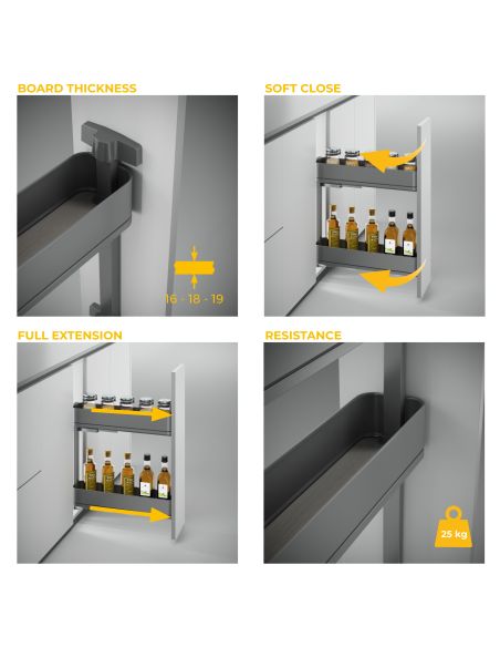 Emuca Portabottiglie laterale estraibile Harmony con chiusura soft, Modulo larghezza 200mm altezza 700mm, Grigio Antracite