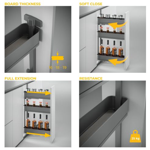 Emuca Portabottiglie laterale estraibile Harmony con chiusura soft, Modulo larghezza 200mm altezza 800mm, Grigio Antracite