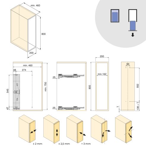 Emuca Portabottiglie laterale estraibile Harmony con chiusura soft, Modulo larghezza 200mm altezza 800mm, Grigio Antracite