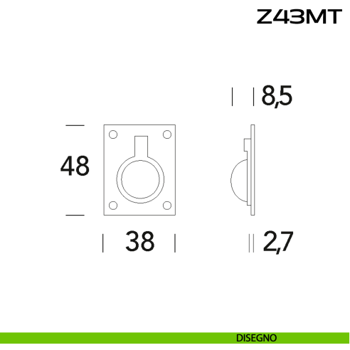 Maniglia ad anello quadrata in acciaio 48x38 mm Z43 MT Reguitti Inox disegno