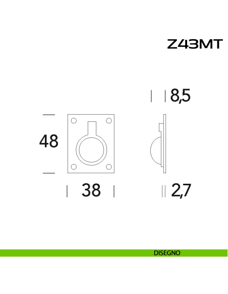 Maniglia ad anello quadrata in acciaio 48x38 mm Z43 MT Reguitti Inox disegno
