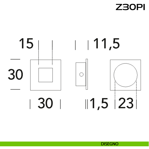 Maniglia incasso quadrata in acciaio 30x30 mm Z30 PI Reguitti Inox disegno