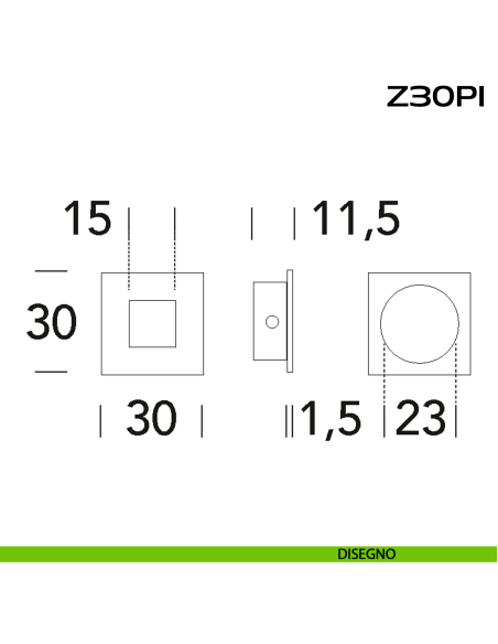 Maniglia incasso quadrata in acciaio 30x30 mm Z30 PI Reguitti Inox disegno