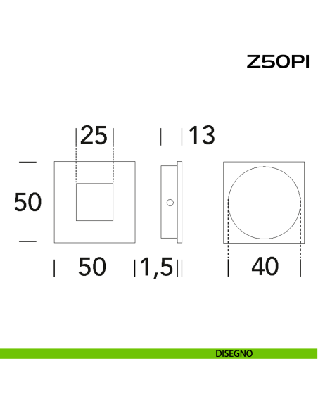 Maniglia quadra da incasso in acciaio 50x50 mm Z50 PI Reguitti Inox disegno