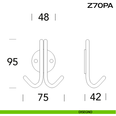 Porta abiti con gancio doppio a muro in acciaio Z70 PA Reguitti Inox disegno
