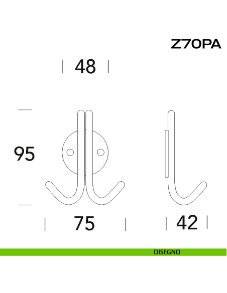 Porta abiti con gancio doppio a muro in acciaio Z70 PA Reguitti Inox disegno