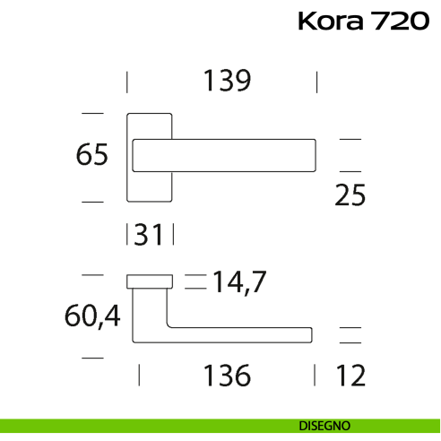 Maniglia in alluminio per porta Kora 720 Reguitti con rosetta rettangolare disegno