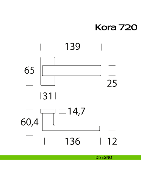 Maniglia in alluminio per porta Kora 720 Reguitti con rosetta rettangolare disegno