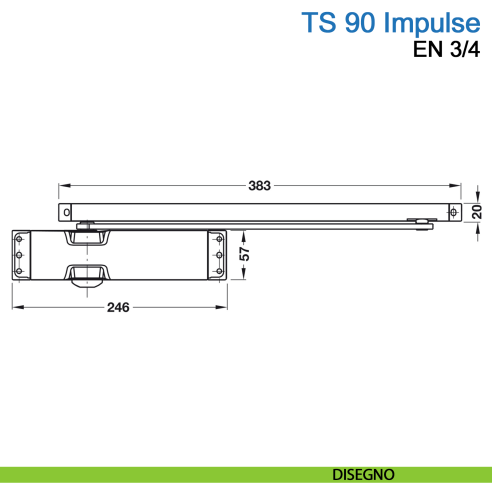 Chiudiporta aereo Dormakaba TS 90 Impulse forza EN 3-4 con braccio a slitta - disegno
