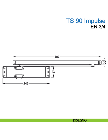 Chiudiporta aereo Dormakaba TS 90 Impulse forza EN 3-4 con braccio a slitta - disegno