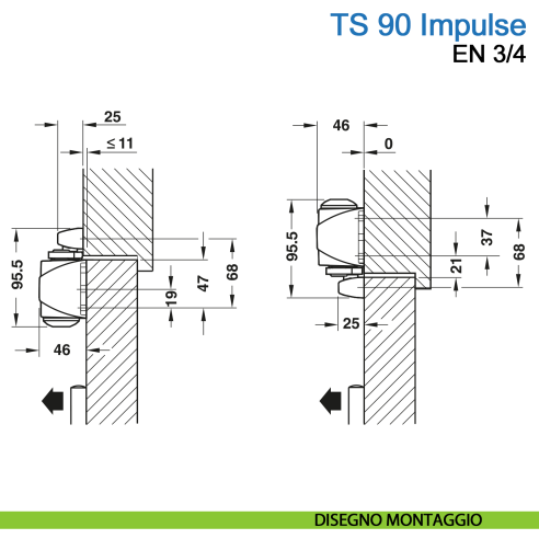 Chiudiporta aereo Dormakaba TS 90 Impulse forza EN 3-4 con braccio a slitta - disegno montaggio