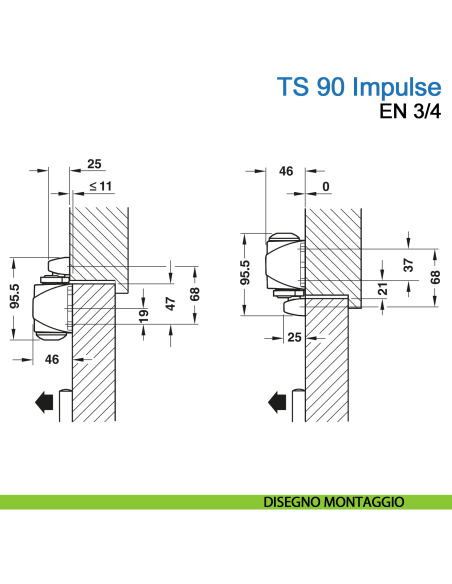 Chiudiporta aereo Dormakaba TS 90 Impulse forza EN 3-4 con braccio a slitta - disegno montaggio