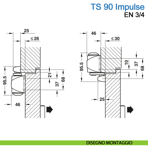 Chiudiporta aereo Dormakaba TS 90 Impulse forza EN 3-4 con braccio a slitta - disegno montaggio