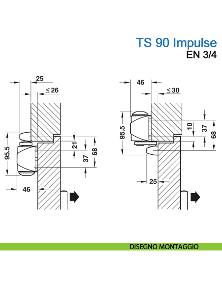 Chiudiporta aereo Dormakaba TS 90 Impulse forza EN 3-4 con braccio a slitta - disegno montaggio