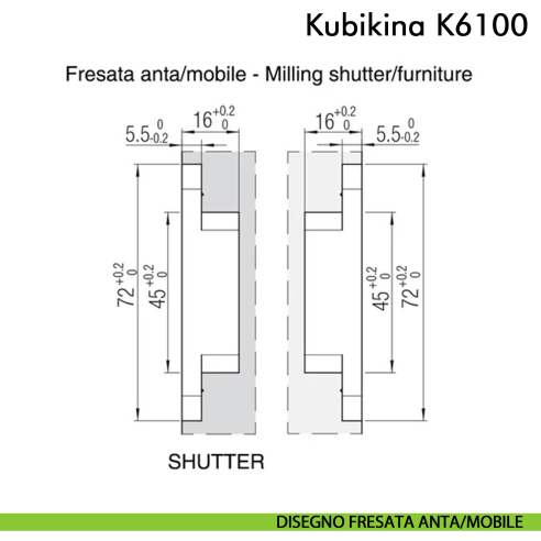 Cerniera a scomparsa regolabile per mobile Koblenz Kubikina K6100 - disegno fresata anta-mobile