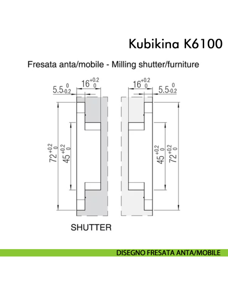 Cerniera a scomparsa regolabile per mobile Koblenz Kubikina K6100 - disegno fresata anta-mobile