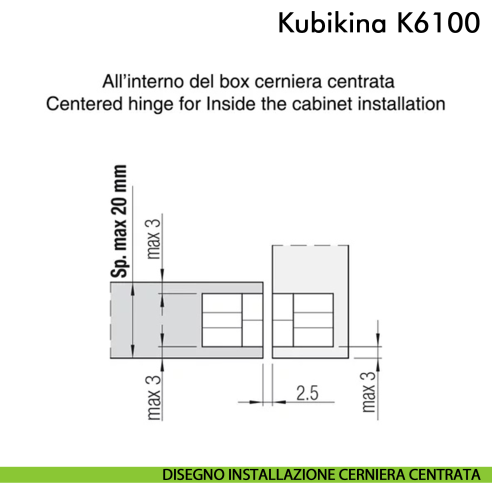 Cerniera a scomparsa regolabile per mobile Koblenz Kubikina K6100 - disegno installazione all'interno del box cerniera centrata