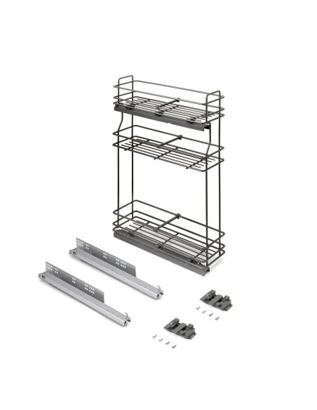 Emuca Portabottiglie estraibile TitaneMax con chiusura soft, lato sinistro, 3 vassoi, unità 200mm, Acciaio, Grigio Antracite