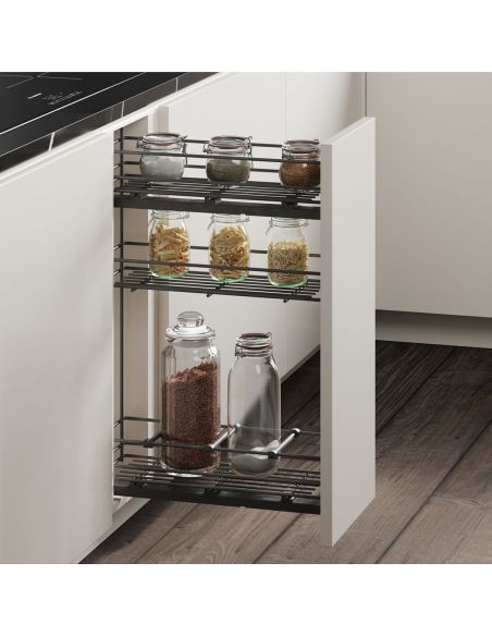 Emuca Portabottiglie estraibile TitaneMax con chiusura soft, lato sinistro, 3 vassoi, unità 200mm, Acciaio, Grigio Antracite