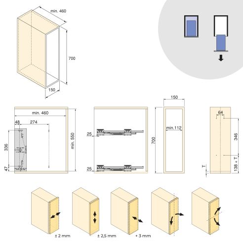 Emuca Portabottiglie laterale estraibile Harmony con chiusura soft, Modulo larghezza 150mm altezza 700mm, Grigio Antracite