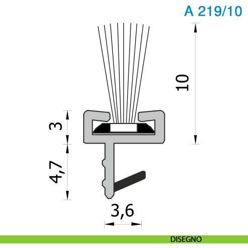 Guarnizione con spazzolino per porta scorrevole in legno altezza 10 mm nero Roverplastik A 219 - disegno
