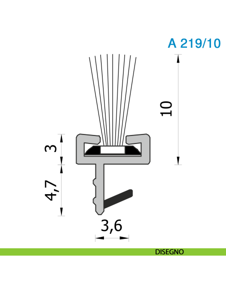 Guarnizione con spazzolino per porta scorrevole in legno altezza 10 mm nero Roverplastik A 219 - disegno