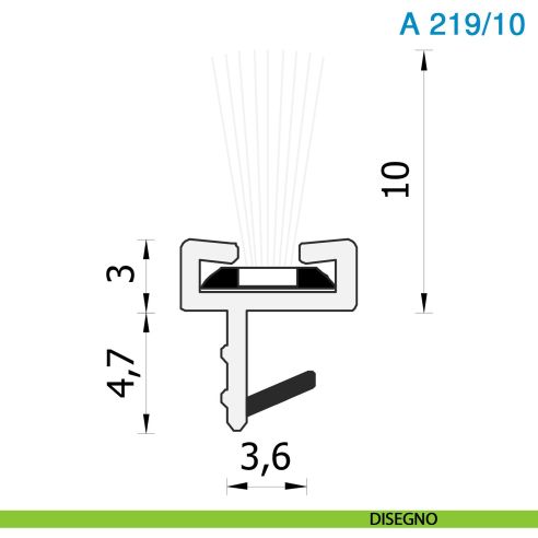 Spazzolino parapolvere per porta scorrevole in legno altezza 10 mm bianco Roverplastik A 219 - disegno