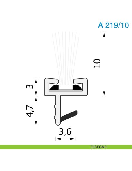 Spazzolino parapolvere per porta scorrevole in legno altezza 10 mm bianco Roverplastik A 219 - disegno