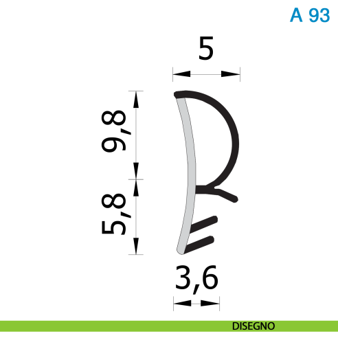 Guarnizione per porta in legno Roverplastik A 93 K nera battuta 10 mm scatola 440 metri - disegno