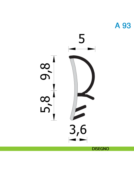 Guarnizione per porta in legno Roverplastik A 93 K nera battuta 10 mm scatola 440 metri - disegno