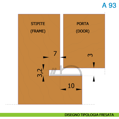 Guarnizione per porta in legno Roverplastik A 93 K nera battuta 10 mm scatola 440 metri - disegno
