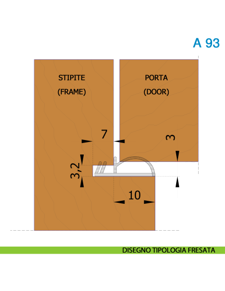 Guarnizione per porta in legno Roverplastik A 93 K nera battuta 10 mm scatola 440 metri - disegno