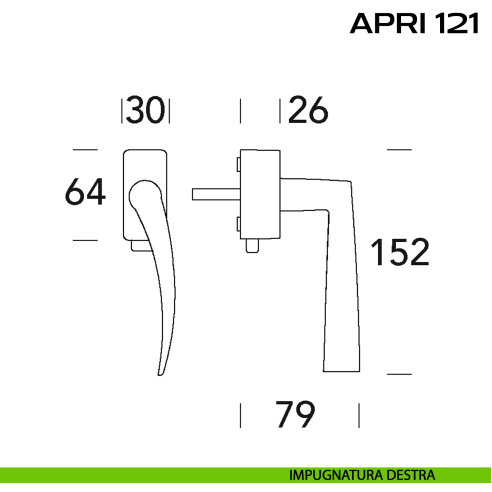 Maniglia per finestra DK con pulsante su placca Apri 121 Reguitti disegno dx